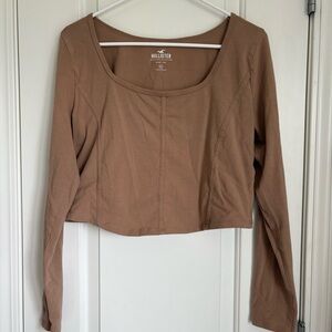 Hollister Women’s Corset Style Long Sleeve Camel Color Cropped Baby Tee - XL